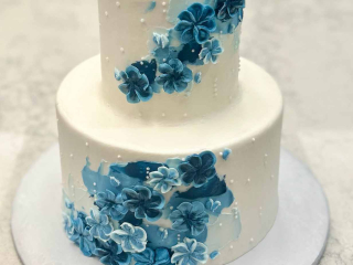Two Tier Side Blue Florals Cake with Pearls