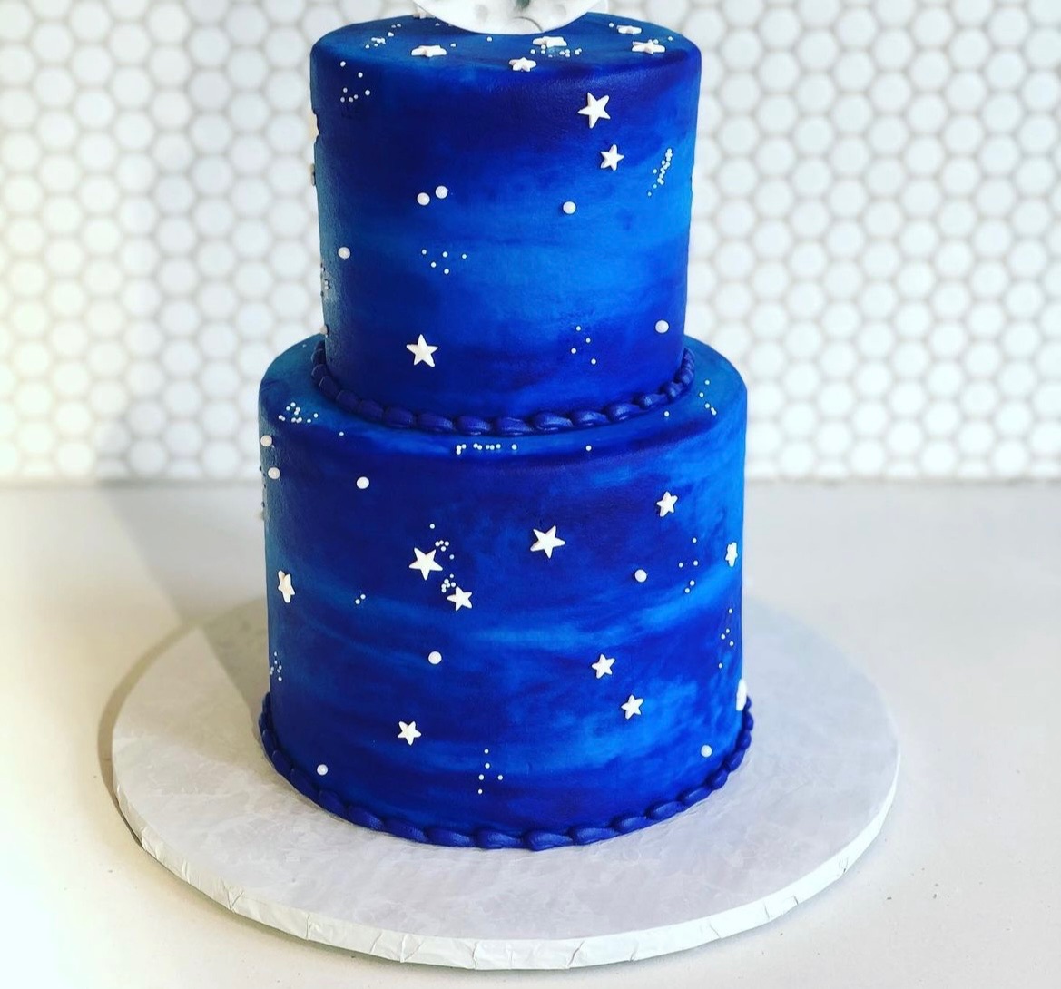Blue stars two tier galaxy cake