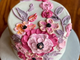 pink and purple cake with leaf details