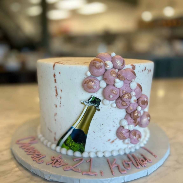 edible image gold pink bubbles champagne cake