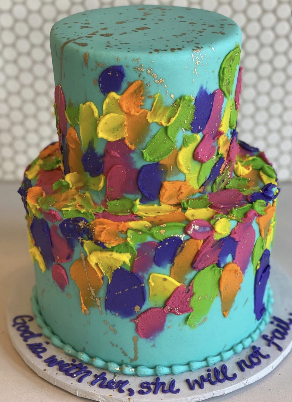 Turquoise with palette knife colors yellow orange green purple cake gold splatter