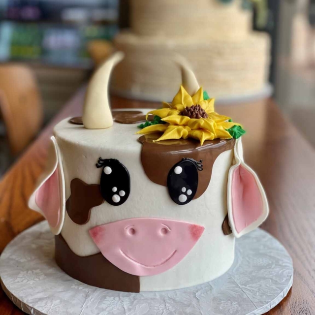 3d Cow cake with a sunflower on top.